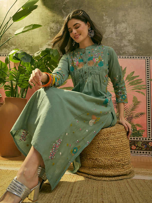 Stylum Women's Green Solid & Embroidered Cotton A-Line Kurta Pant Set (KPGREENPOP)