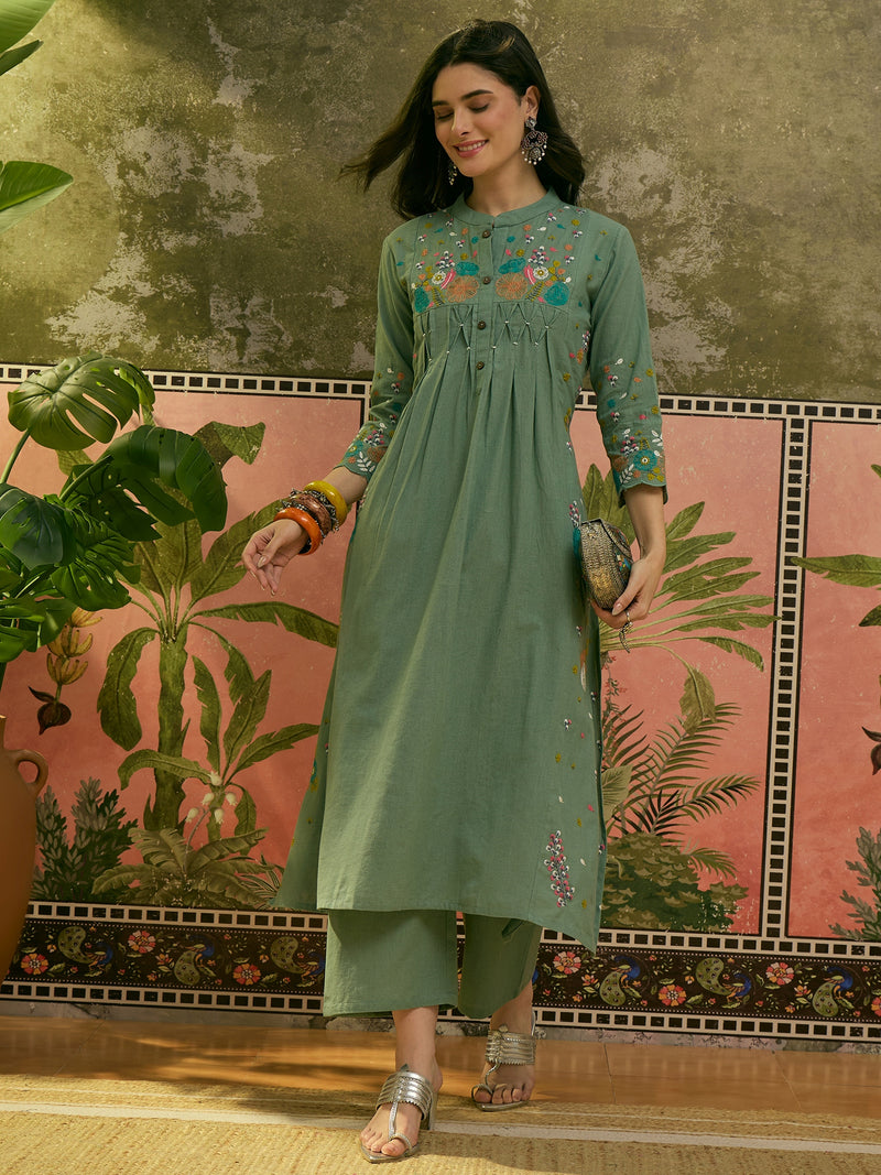 Stylum Women's Green Solid & Embroidered Cotton A-Line Kurta Pant Set (KPGREENPOP)