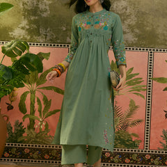 Stylum Women's Green Solid & Embroidered Cotton A-Line Kurta Pant Set (KPGREENPOP)