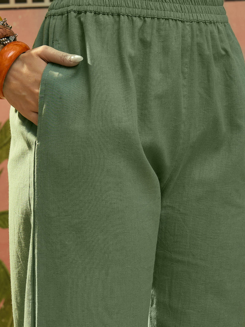 Stylum Women's Green Solid & Embroidered Cotton A-Line Kurta Pant Set (KPGREENPOP)