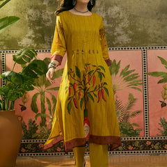 Stylum Women's Mustard Printed Voile A-Line Kurta Pant Set (KPMUSTARDKOBO)