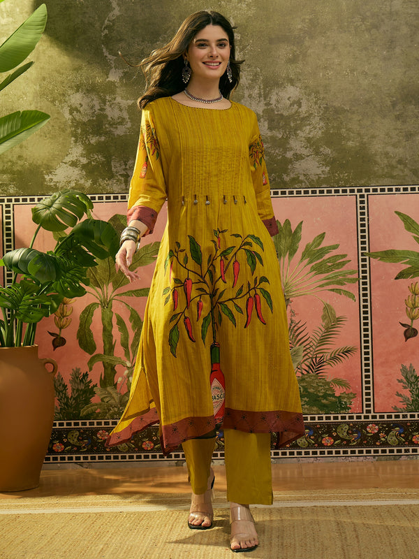 Stylum Women's Mustard Printed Voile A-Line Kurta Pant Set (KPMUSTARDKOBO)