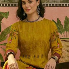 Stylum Women's Mustard Printed Voile A-Line Kurta Pant Set (KPMUSTARDKOBO)