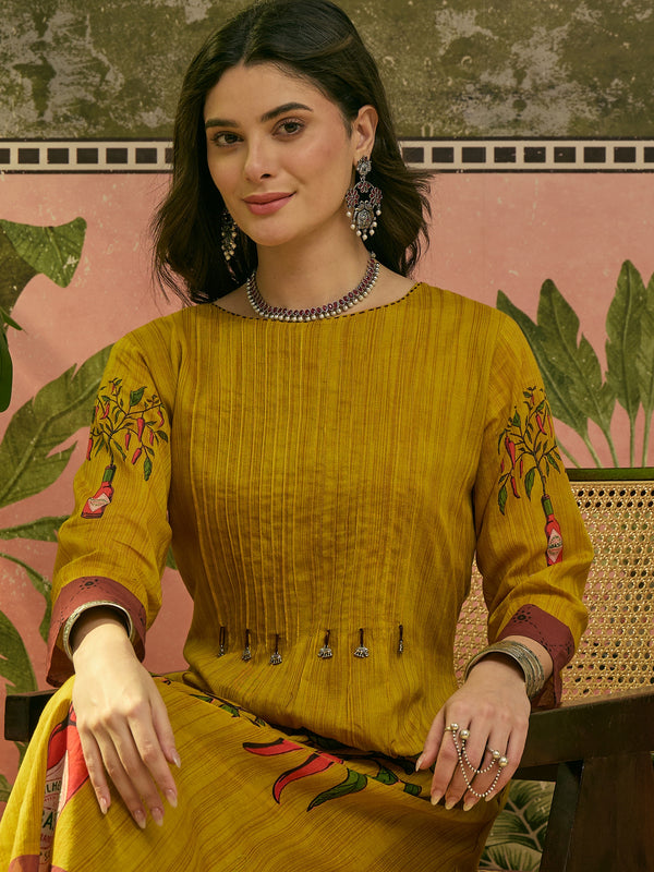Stylum Women's Mustard Printed Voile A-Line Kurta Pant Set (KPMUSTARDKOBO)