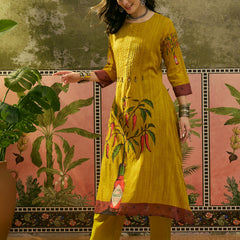 Stylum Women's Mustard Printed Voile A-Line Kurta Pant Set (KPMUSTARDKOBO)
