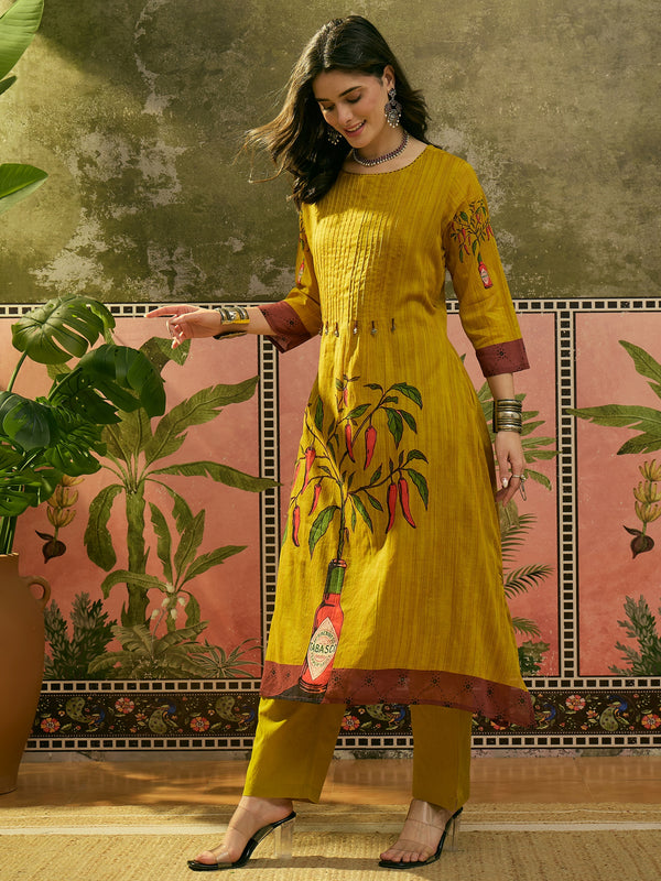 Stylum Women's Mustard Printed Voile A-Line Kurta Pant Set (KPMUSTARDKOBO)