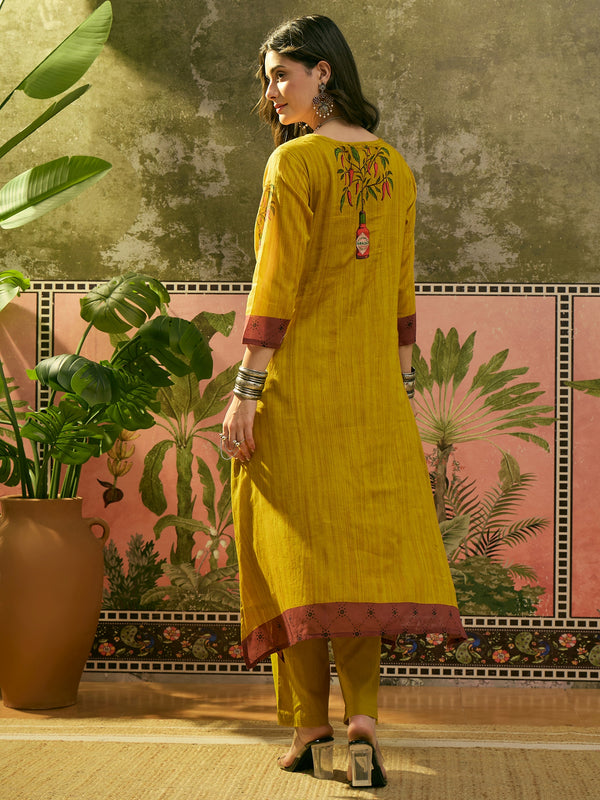 Stylum Women's Mustard Printed Voile A-Line Kurta Pant Set (KPMUSTARDKOBO)