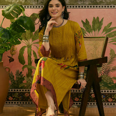 Stylum Women's Mustard Printed Voile A-Line Kurta Pant Set (KPMUSTARDKOBO)