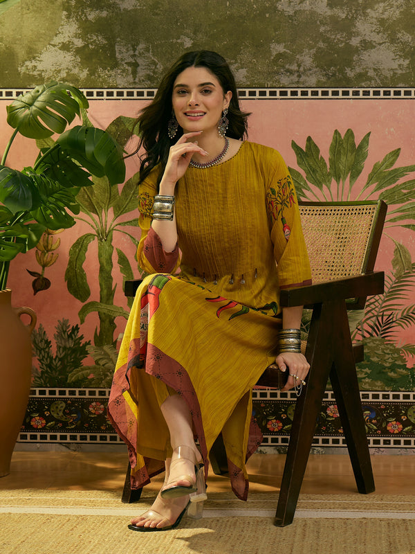 Stylum Women's Mustard Printed Voile A-Line Kurta Pant Set (KPMUSTARDKOBO)