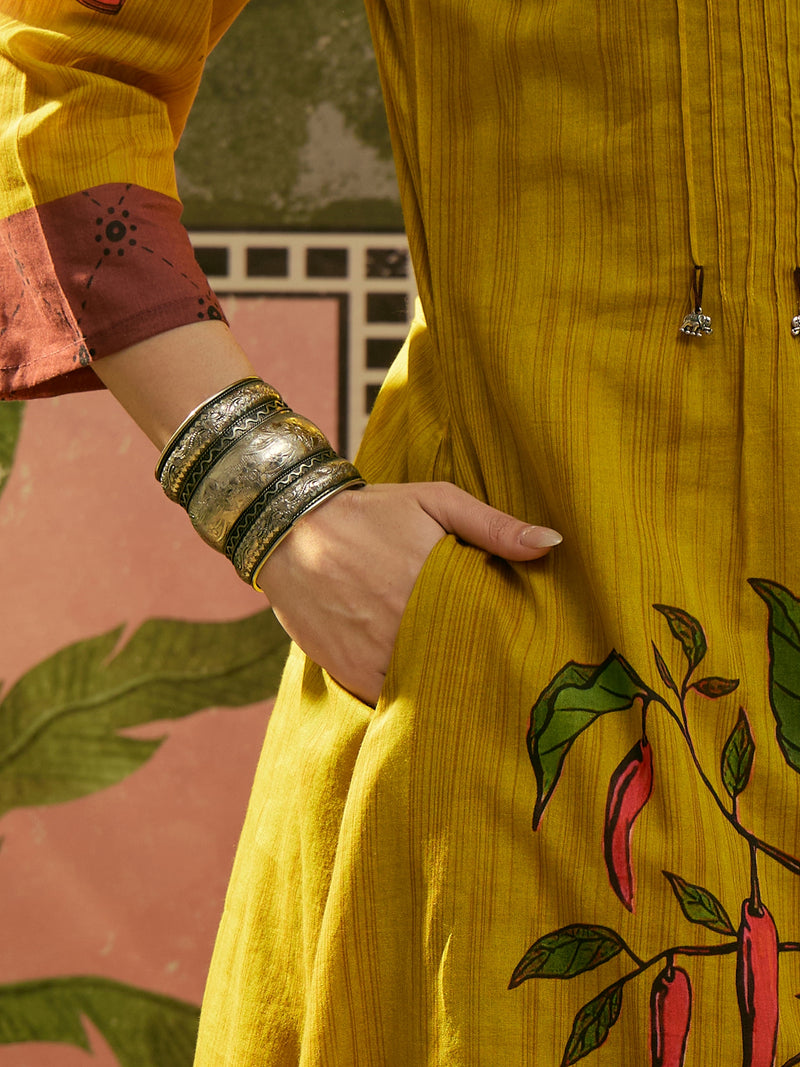 Stylum Women's Mustard Printed Voile A-Line Kurta Pant Set (KPMUSTARDKOBO)