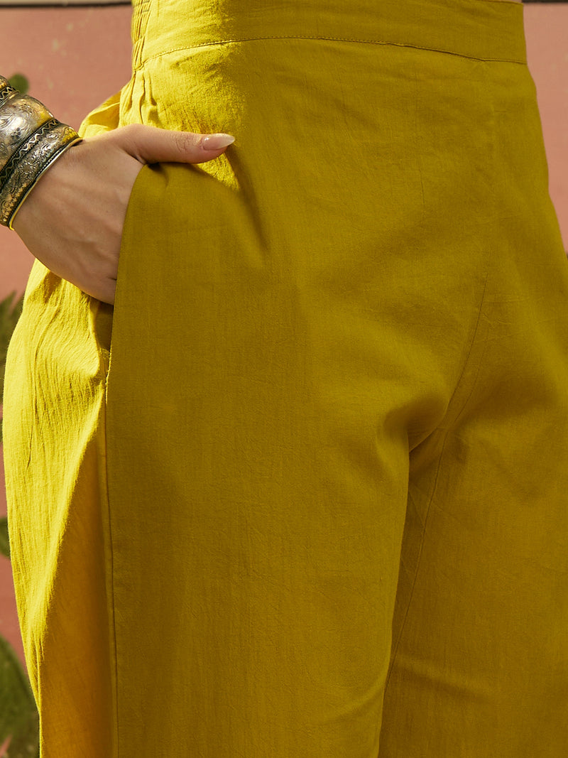 Stylum Women's Mustard Printed Voile A-Line Kurta Pant Set (KPMUSTARDKOBO)