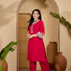Stylum Women's Pink Solid & Embroidered Cotton Flex Straight Kurta Pant Set (KPPINKDABRU)