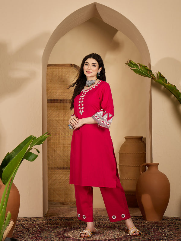 Stylum Women's Pink Solid & Embroidered Cotton Flex Straight Kurta Pant Set (KPPINKDABRU)
