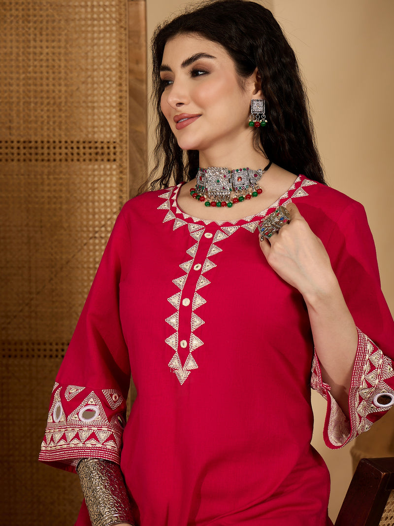 Stylum Women's Pink Solid & Embroidered Cotton Flex Straight Kurta Pant Set (KPPINKDABRU)