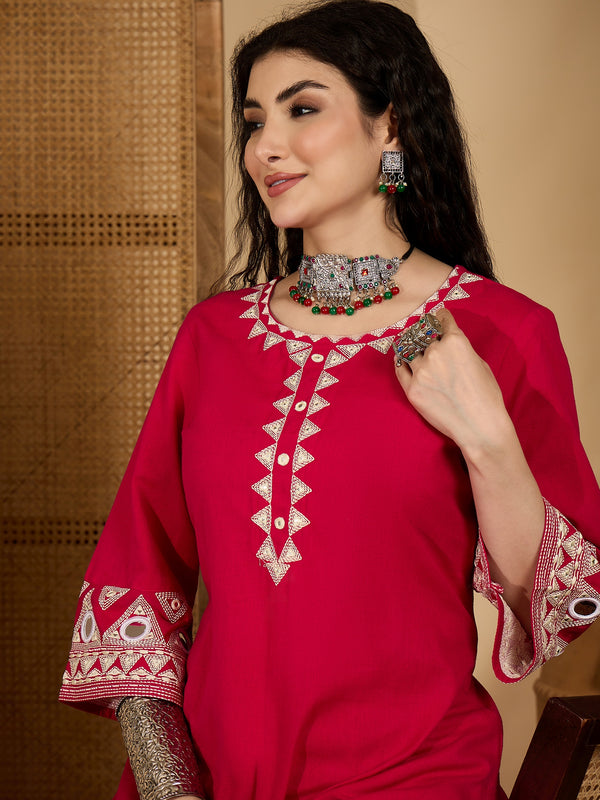 Stylum Women's Pink Solid & Embroidered Cotton Flex Straight Kurta Pant Set (KPPINKDABRU)