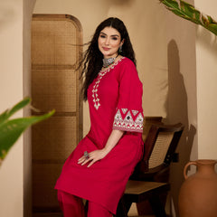 Stylum Women's Pink Solid & Embroidered Cotton Flex Straight Kurta Pant Set (KPPINKDABRU)