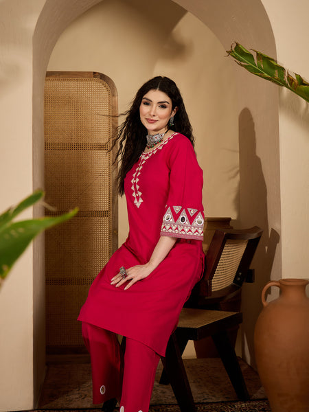 Stylum Women's Pink Solid & Embroidered Cotton Flex Straight Kurta Pant Set (KPPINKDABRU)