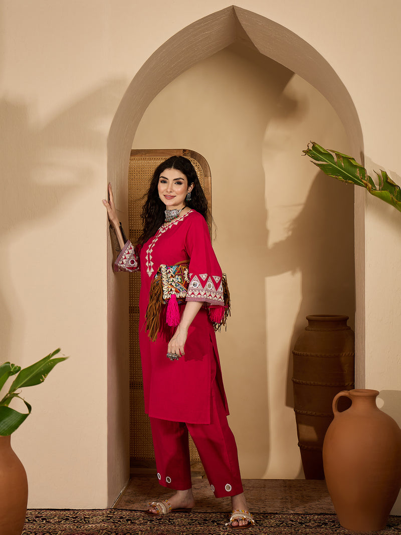 Stylum Women's Pink Solid & Embroidered Cotton Flex Straight Kurta Pant Set (KPPINKDABRU)