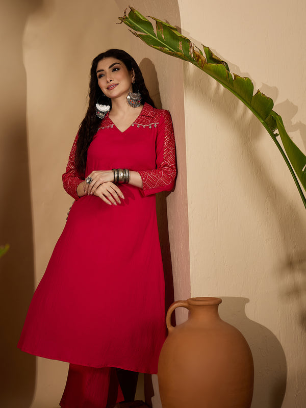 Stylum Women's Pink Solid Crepe A-Line Kurta Pant Set (KPPINKKOTA)