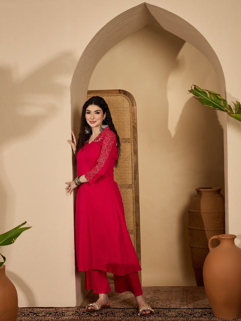 Stylum Women's Pink Solid Crepe A-Line Kurta Pant Set (KPPINKKOTA)