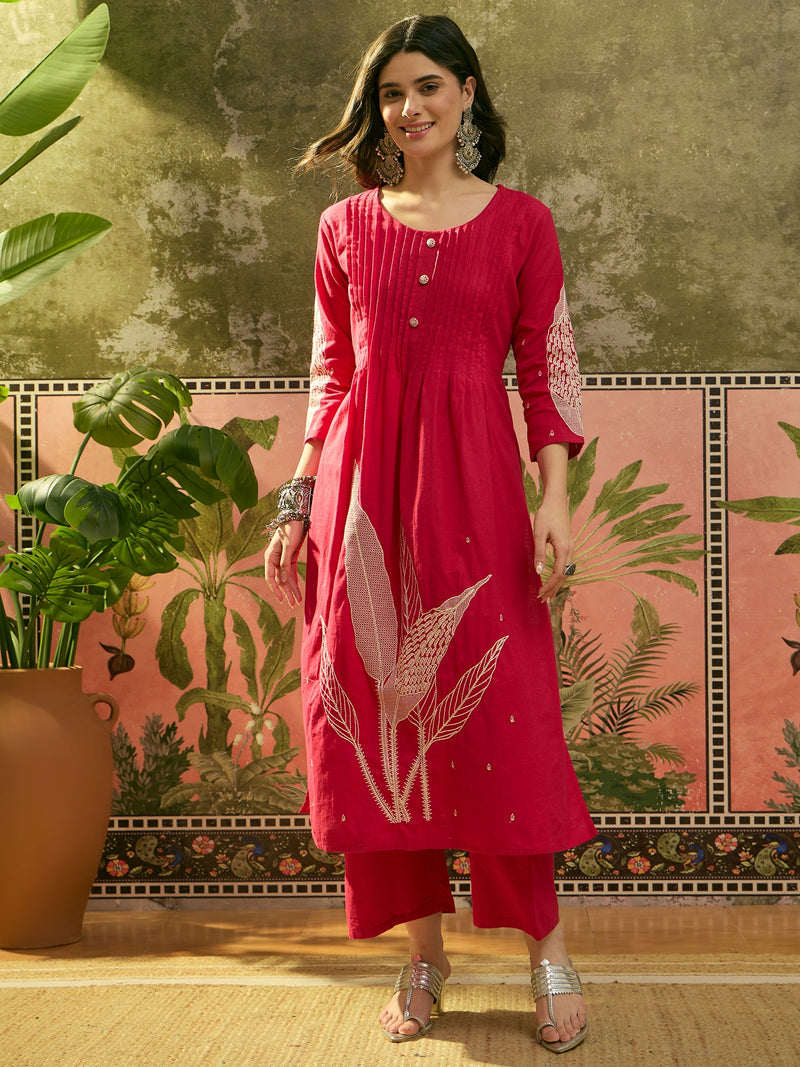 Stylum Women's Red Solid & Embroidered Cotton A-Line Kurta Pant Set (KPREDBOOM)