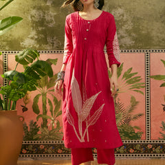 Stylum Women's Red Solid & Embroidered Cotton A-Line Kurta Pant Set (KPREDBOOM)