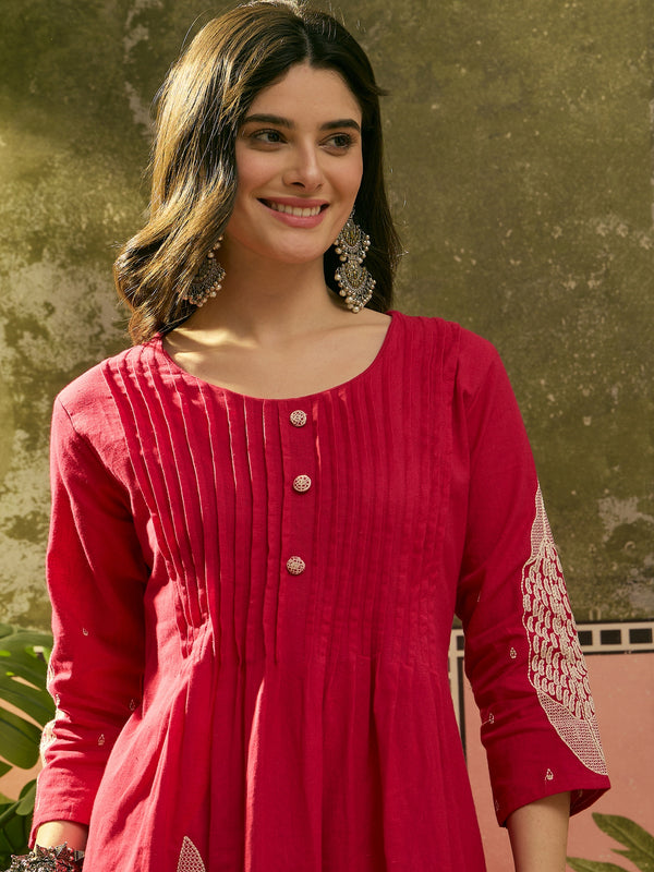 Stylum Women's Red Solid & Embroidered Cotton A-Line Kurta Pant Set (KPREDBOOM)