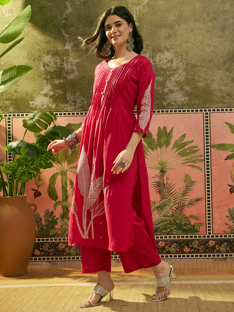 Stylum Women's Red Solid & Embroidered Cotton A-Line Kurta Pant Set (KPREDBOOM)