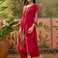 Stylum Women's Red Solid & Embroidered Cotton A-Line Kurta Pant Set (KPREDBOOM)