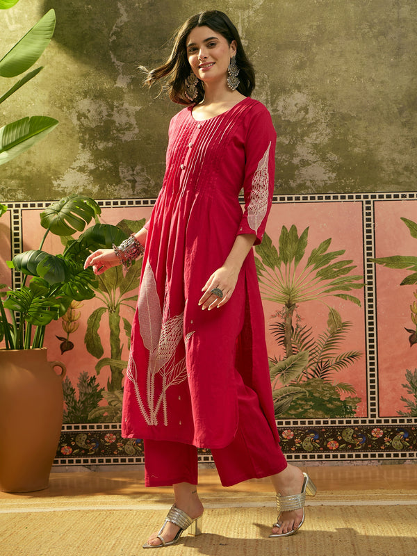 Stylum Women's Red Solid & Embroidered Cotton A-Line Kurta Pant Set (KPREDBOOM)