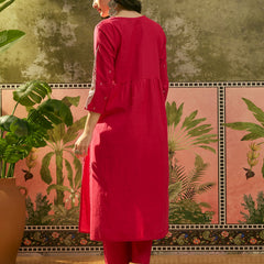 Stylum Women's Red Solid & Embroidered Cotton A-Line Kurta Pant Set (KPREDBOOM)