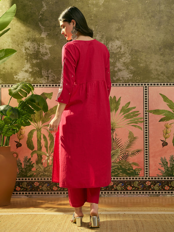 Stylum Women's Red Solid & Embroidered Cotton A-Line Kurta Pant Set (KPREDBOOM)