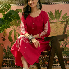 Stylum Women's Red Solid & Embroidered Cotton A-Line Kurta Pant Set (KPREDBOOM)