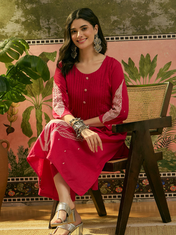 Stylum Women's Red Solid & Embroidered Cotton A-Line Kurta Pant Set (KPREDBOOM)
