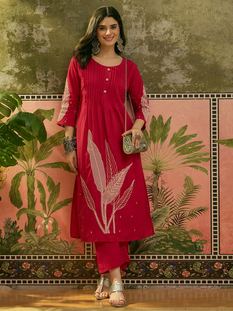 Stylum Women's Red Solid & Embroidered Cotton A-Line Kurta Pant Set (KPREDBOOM)