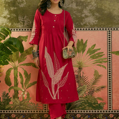 Stylum Women's Red Solid & Embroidered Cotton A-Line Kurta Pant Set (KPREDBOOM)