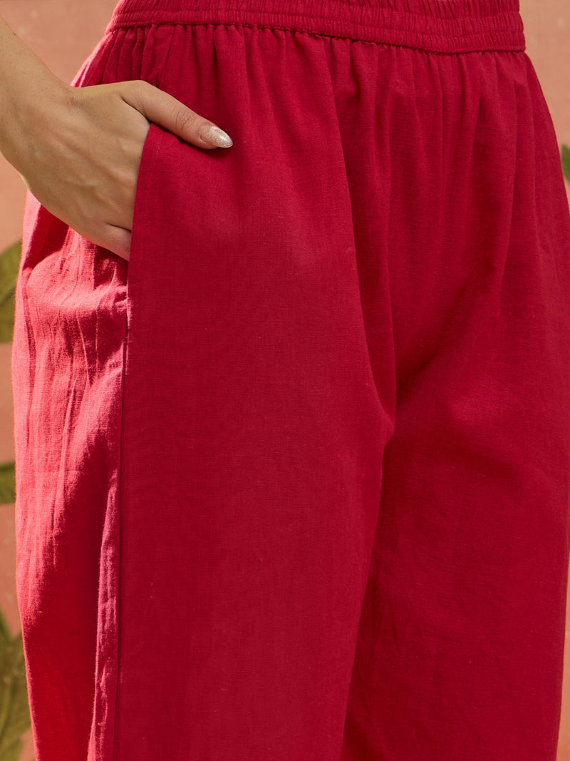 Stylum Women's Red Solid & Embroidered Cotton A-Line Kurta Pant Set (KPREDBOOM)