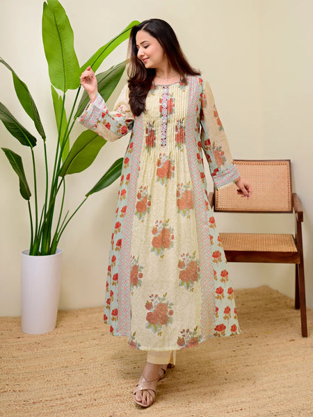 Stylum Women's Green Floral Printed Voile A-Line Kurta Pant Set (KPRUSTSIMPY)
