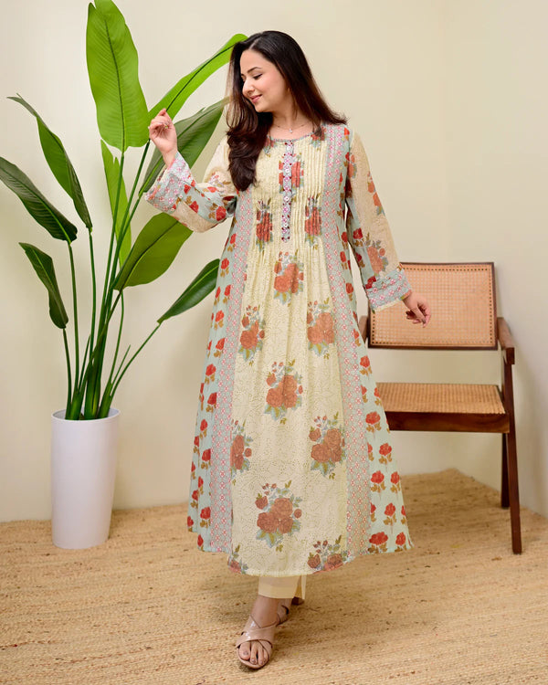 Stylum Women's Green Floral Printed Voile A-Line Kurta Pant Set (KPRUSTSIMPY)