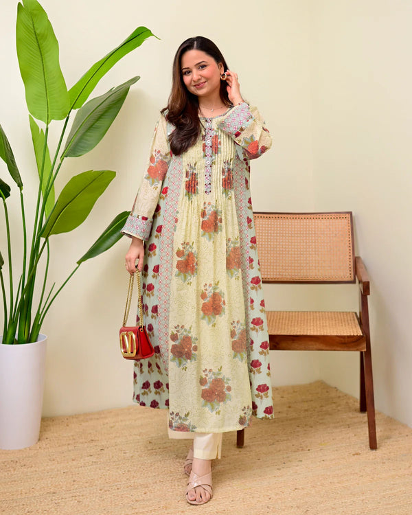 Stylum Women's Green Floral Printed Voile A-Line Kurta Pant Set (KPRUSTSIMPY)