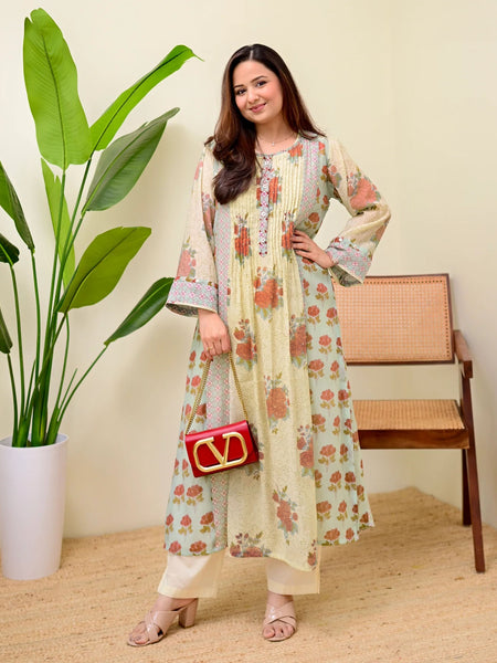 Stylum Women's Green Floral Printed Voile A-Line Kurta Pant Set (KPRUSTSIMPY)