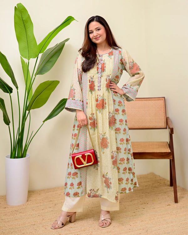 Stylum Women's Green Floral Printed Voile A-Line Kurta Pant Set (KPRUSTSIMPY)