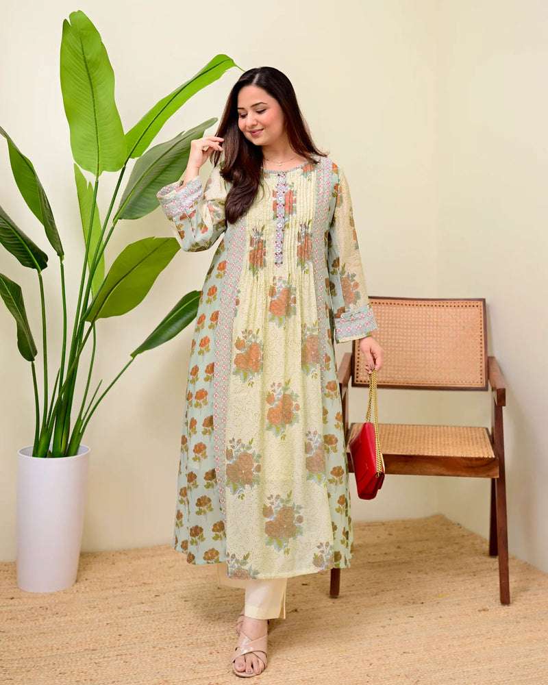 Stylum Women's Green Floral Printed Voile A-Line Kurta Pant Set (KPRUSTSIMPY)