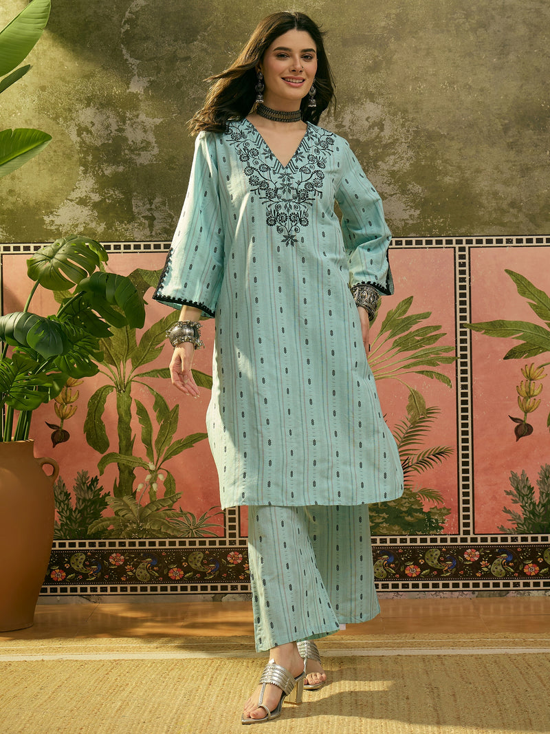 Stylum Women's Sky Blue Solid & Embroidered Cotton Straight Kurta Palazzo Set (KPSKYTHANI)