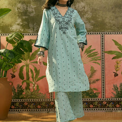 Stylum Women's Sky Blue Solid & Embroidered Cotton Straight Kurta Palazzo Set (KPSKYTHANI)