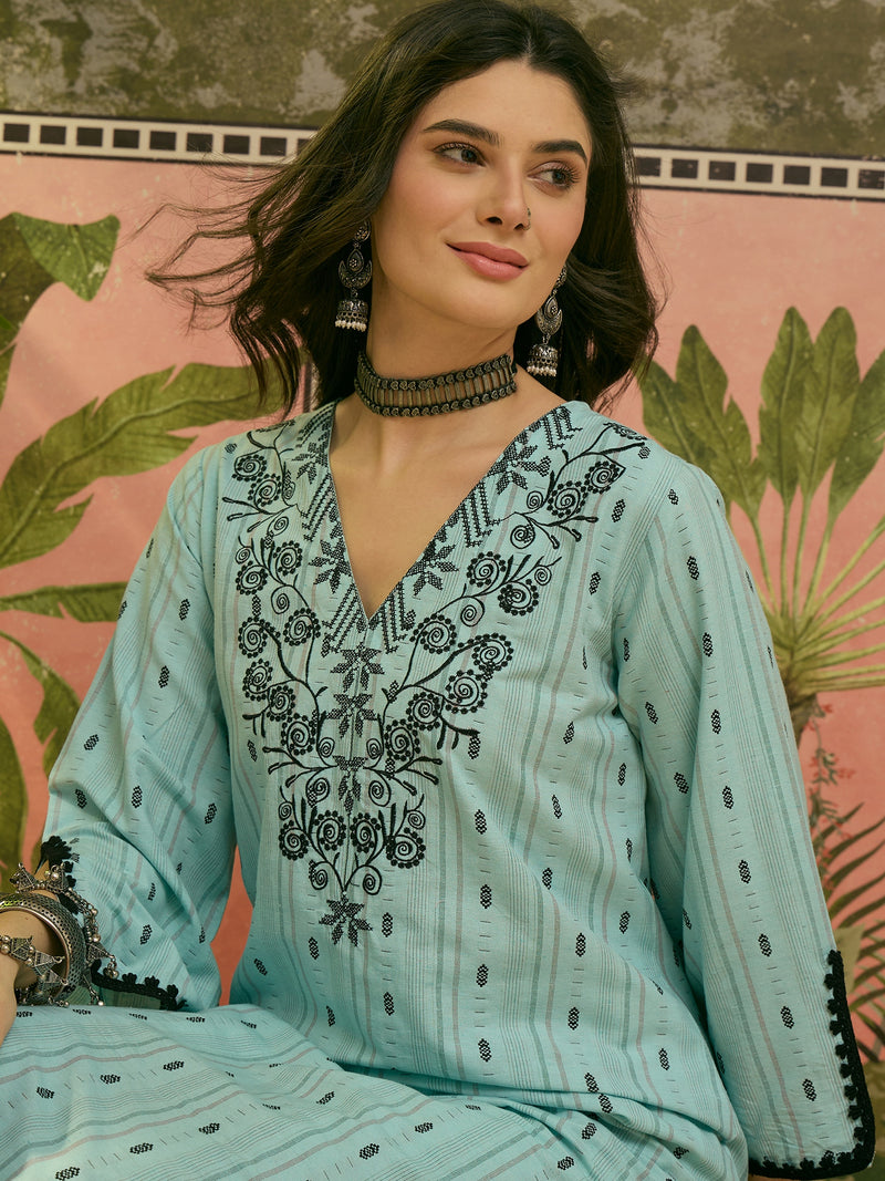 Stylum Women's Sky Blue Solid & Embroidered Cotton Straight Kurta Palazzo Set (KPSKYTHANI)