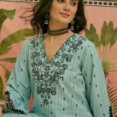 Stylum Women's Sky Blue Solid & Embroidered Cotton Straight Kurta Palazzo Set (KPSKYTHANI)