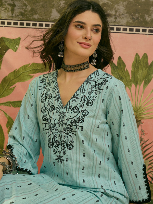 Stylum Women's Sky Blue Solid & Embroidered Cotton Straight Kurta Palazzo Set (KPSKYTHANI)