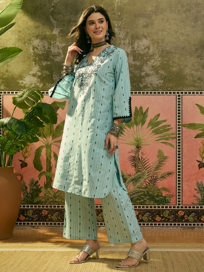 Stylum Women's Sky Blue Solid & Embroidered Cotton Straight Kurta Palazzo Set (KPSKYTHANI)