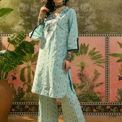 Stylum Women's Sky Blue Solid & Embroidered Cotton Straight Kurta Palazzo Set (KPSKYTHANI)